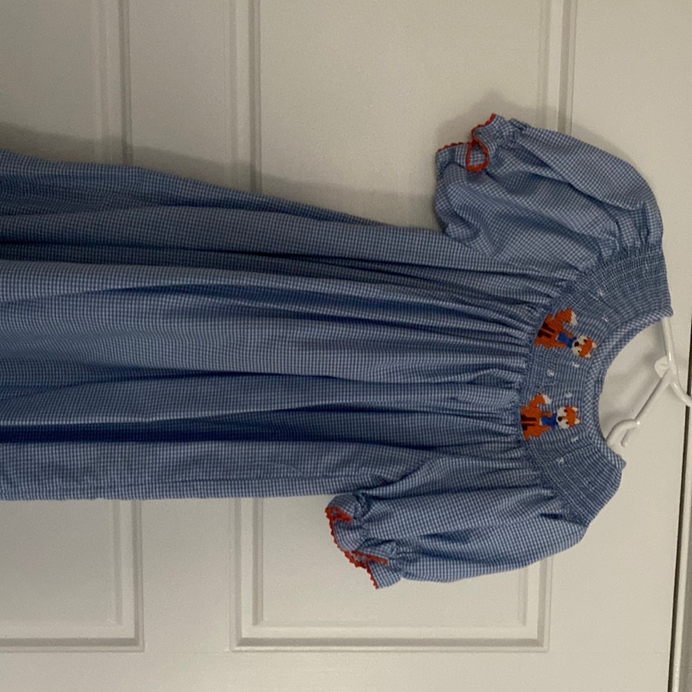 Blue, white and orange smocked bishop dress